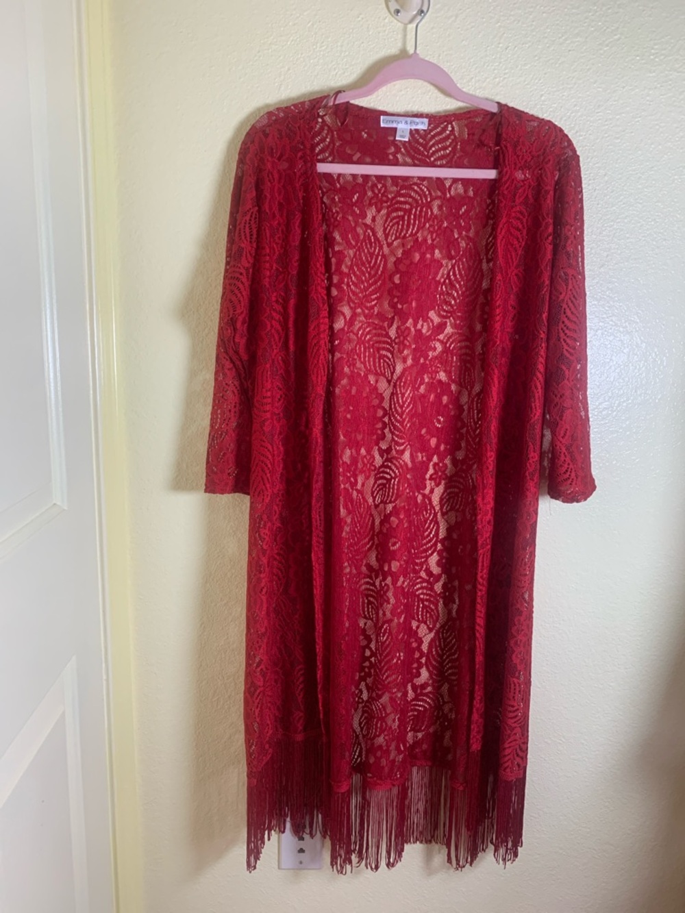 NWOT Red Lace Fringe Kimono by Emma & Posh, size L